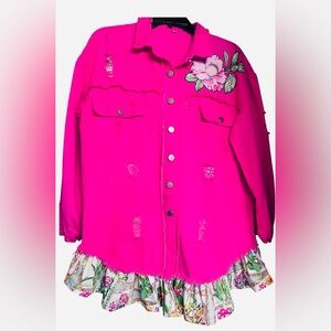 Hot Pink Distressed Denim Jacket w/ Botanical Ruffle Hem – Oversized Medium